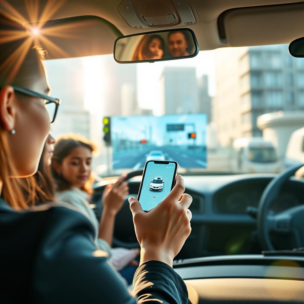 A modern digital driving school scene, showcasing a diverse group of individuals learning to drive through a smartphone application. In the foreground, a young woman in professional casual attire is focused on her phone, displaying the app interface. In the middle ground, a virtual driving screen appears, featuring an animated car navigating through a cityscape with traffic lights and street signs. The background sports an urban setting with tech-inspired buildings, symbolizing the digital revolution in education. The lighting is bright and inviting, creating a hopeful atmosphere, with a lens flare effect that adds a touch of modernity. The overall mood conveys enthusiasm for learning and innovation in the driving education process. A modern digital driving school scene, showcasing a diverse group of individuals learning to drive through a smartphone application. In the foreground, a young woman in professional casual attire is focused on her phone, displaying the app interface. In the middle ground, a virtual driving screen appears, featuring an animated car navigating through a cityscape with traffic lights and street signs. The background sports an urban setting with tech-inspired buildings, symbolizing the digital revolution in education. The lighting is bright and inviting, creating a hopeful atmosphere, with a lens flare effect that adds a touch of modernity. The overall mood conveys enthusiasm for learning and innovation in the driving education process.