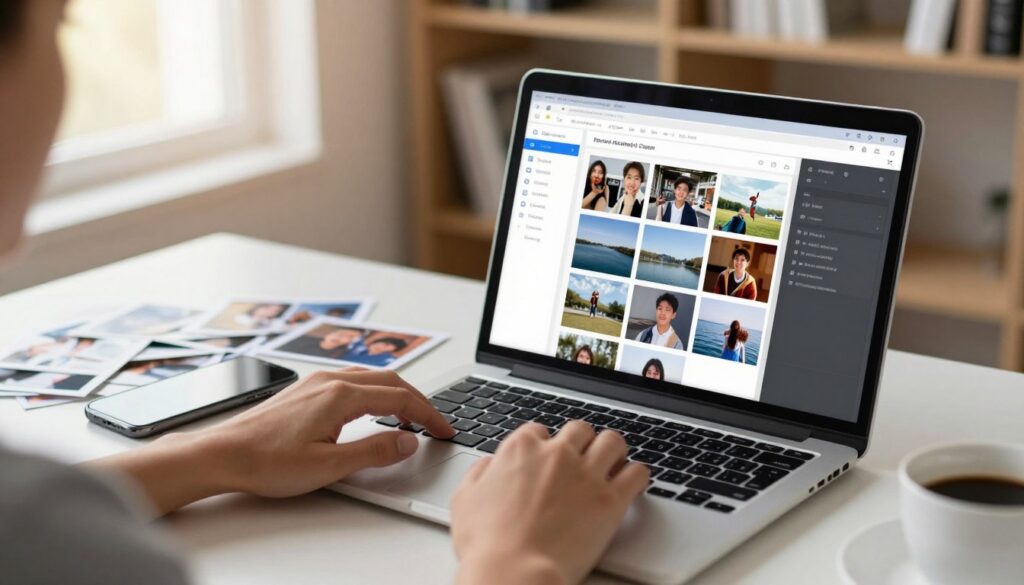 A modern digital workspace featuring a laptop displaying a file recovery software interface with images of scattered photos on the screen. In the foreground, a pair of hands with a focused expression, gently navigating through the software, highlight the user’s determination to recover lost memories. The middle ground shows a desk cluttered with photo prints, a smartphone, and a cup of coffee, symbolizing the personal connection to the images. The background includes a softly blurred bookshelf with photography books, illuminated by warm, natural light from a nearby window, creating a serene and hopeful atmosphere. The overall mood is one of optimism and curiosity, reflecting the journey of photo recovery.