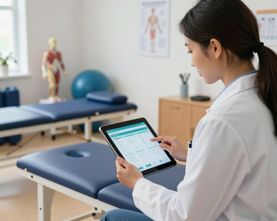 A modern healthcare setting showcases a professional physical therapist utilizing the Medscape app on a sleek tablet. The foreground features the therapist, dressed in a smart white lab coat and comfortable professional attire, analyzing patient data and diagnostic tools illuminated by soft, natural lighting. In the middle ground, we see a clean, organized treatment area with exercise equipment and anatomical models, emphasizing physical therapy applications. The background displays a well-lit consultation room with medical charts and calming colors that create a serene atmosphere. The overall mood is focused and professional, highlighting the importance of technology in physiotherapy. Capture this scene from a slightly elevated angle to emphasize the interaction between the therapist and the app, ensuring that no text or branding elements are present.