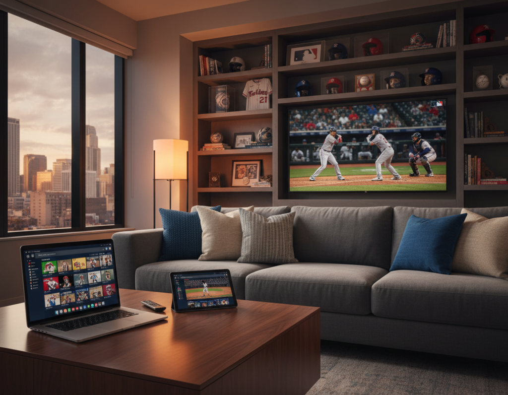 A modern living room setup showcasing various compatible devices for streaming MLB games. In the foreground, feature a sleek smart TV displaying a vivid MLB game with players in action. Beside it, a laptop and a tablet on a stylish coffee table, both showing the MLB app interface. In the middle ground, a comfortable sofa with a few neatly arranged cushions, and a subtle glow emanating from a floor lamp. The background includes a bookshelf with sports memorabilia. Use warm lighting to create a cozy atmosphere, enhancing the feel of enjoying a game at home. Employ a wide-angle lens perspective to capture a dynamic view of the entire scene, with soft shadows to add depth.