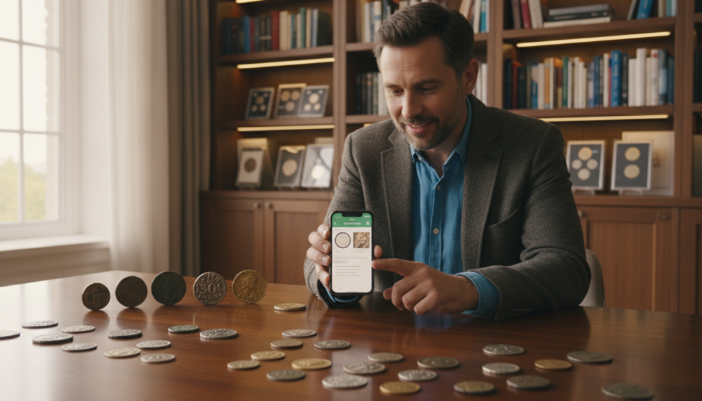 A modern numismatist in a well-lit, cozy study is using a smartphone app to identify rare ancient coins spread across a polished wooden table. The foreground features a diverse array of colorful coins with intricate designs that reveal their historical significance. The middle ground showcases the collector, dressed in smart casual attire, concentrating on the phone screen, with a slight smile indicating satisfaction at discovering something valuable. In the background, bookshelves filled with numismatic literature and framed coin displays enhance the scholarly atmosphere. Soft, natural light filters in through a nearby window, creating a warm and inviting ambiance. The image captures the blend of traditional coin collecting with contemporary technology, reflecting the importance of identifying rare coins in today's collecting world.