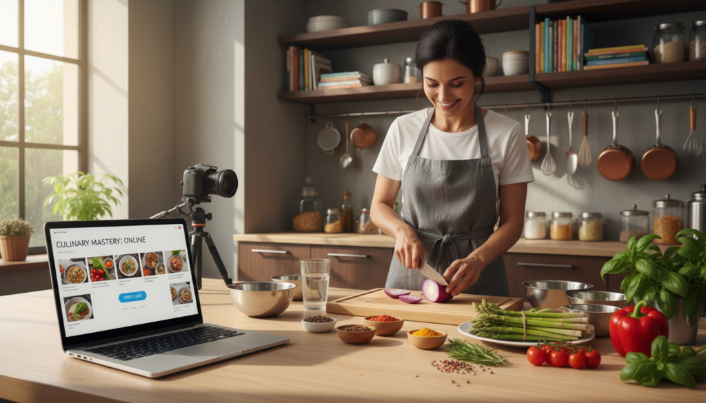 A modern online cooking course setting with a well-organized kitchen workspace. In the foreground, a laptop displaying an interactive cooking interface, surrounded by various fresh ingredients like vegetables, herbs, and spices neatly arranged. In the middle ground, a person in professional casual attire, focused on chopping ingredients, demonstrating hands-on learning. The background includes shelves filled with cookbooks and kitchen utensils, creating an inviting atmosphere. Soft, natural light streams in from a nearby window, casting gentle shadows and highlights, adding warmth and a sense of comfort. The overall mood is enthusiastic and engaging, encouraging viewers to explore the joy of cooking through accessible online education.