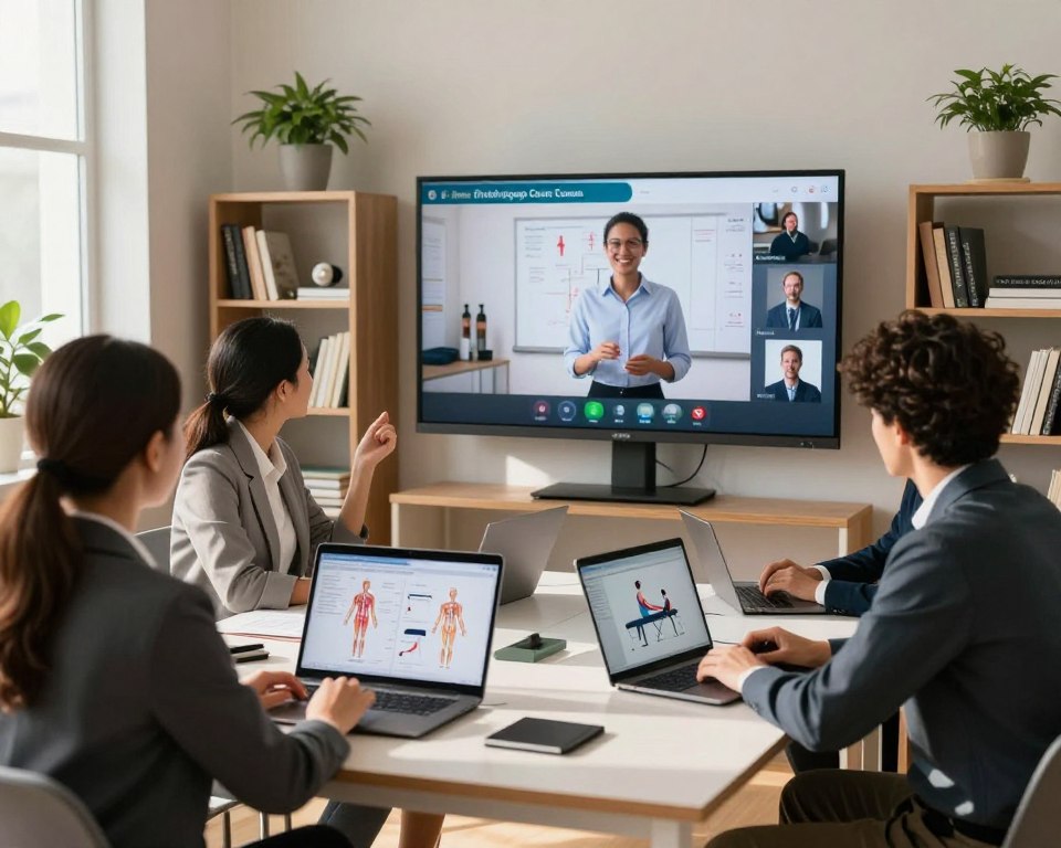 A modern online learning environment illustrating the advantages of an online physiotherapy course. In the foreground, a diverse group of four students engaged in a virtual class, all dressed in professional business attire while seated at stylish desks with laptops open, showing diagrams of anatomy and rehabilitation exercises. The middle layer features a large screen displaying a virtual classroom, with a friendly instructor guiding the lesson. In the background, shelves filled with physiotherapy textbooks and wellness plants create an inviting atmosphere. Soft natural lighting streams in through a window, casting a warm glow and creating an organized yet relaxed study space. The overall mood is focused and inspiring, showcasing the accessibility and convenience of online education in physiotherapy.