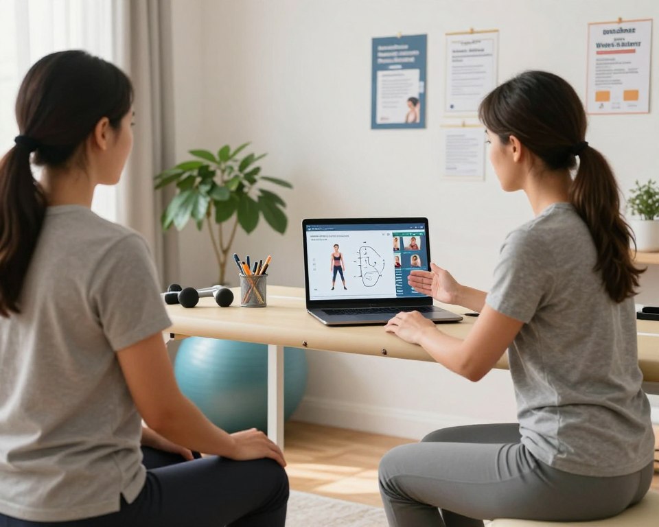 A modern online physiotherapy session in a bright, inviting home office setting. In the foreground, a professional physiotherapist in smart casual attire is giving guidance to a patient via a laptop, showcasing digital tools like diagrams and exercise videos on the screen. In the middle, a neatly arranged workspace features a plant, a therapy ball, and exercise equipment, all under soft, natural lighting that creates a warm atmosphere. In the background, a wall lined with certificates and motivational posters emphasizes the theme of learning and rehabilitation. The overall mood is supportive and educational, reflecting the essence of free online physiotherapy education.