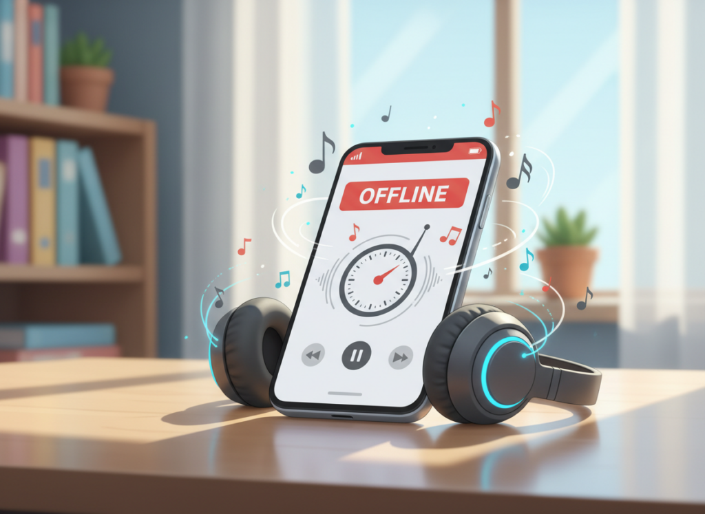 A modern smartphone displaying a radio app interface with an 'offline' status highlighted, surrounded by headphones and music notes. In the foreground, the smartphone is placed on a sleek wooden desk, reflecting the warm glow of ambient lighting. The background features a cozy room setting, with soft-focus shelves lined with books and a small indoor plant, adding a touch of tranquility. A window lets in soft, diffused daylight, casting gentle shadows. The atmosphere is inviting, suggesting a relaxed environment for enjoying offline radio. The composition should focus on the technology, showcasing the integration of sound and digital convenience without any text or distractions.