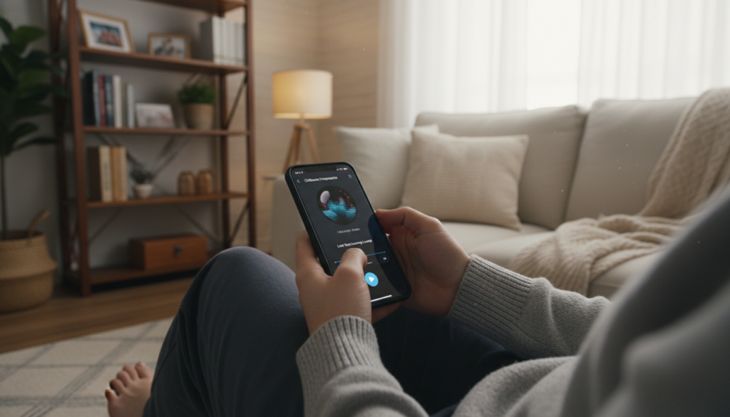A modern smartphone displaying a radio streaming app on its screen, set against a cozy living room backdrop. In the foreground, the smartphone is held by a person wearing modest casual clothing, actively interacting with the app. In the middle ground, a warm and inviting living room features a comfortable sofa and soft ambient lighting, creating a relaxed atmosphere. The background includes a subtle bookshelf and a window with soft natural light filtering through, enhancing the inviting mood. The entire scene conveys a sense of ease and connection, reflecting the transformative experience of listening to radio on a mobile device. The camera angle is slightly angled, focusing on both the smartphone and the engaged user to illustrate the digital radio experience vividly.