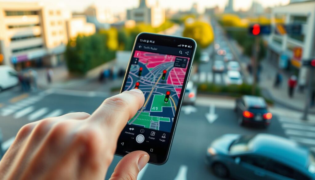 A modern smartphone displaying a traffic radar application interface, prominently featuring a vibrant map with traffic signals and radar locations indicated. In the foreground, a hand interacts with the screen, showcasing an intuitive touch gesture. The background captures a blurred cityscape showing cars and people, conveying a bustling atmosphere. Use natural daylight to enhance visibility, with soft shadows to create depth. The angle should be slightly above the smartphone, focusing on the device and its screen, while the city panorama fades into a warm, inviting ambiance. The overall mood should be practical and encouraging, reflecting ease of use and accessibility of the app.