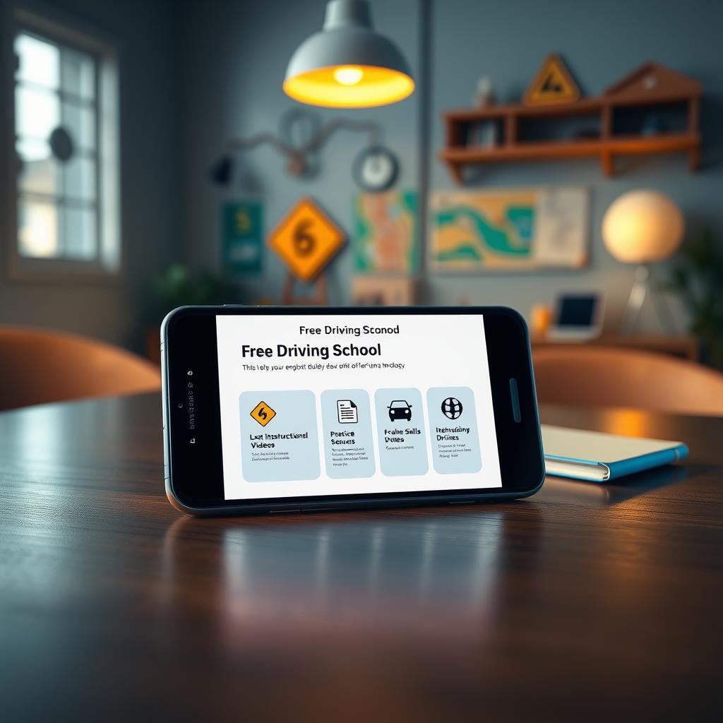 A modern smartphone displaying a user-friendly, vibrant interface of a free online driving school application. In the foreground, the phone is positioned on a sleek wooden table, illuminated by soft, warm lighting that creates a cozy atmosphere. The background features a blurred image of an indoor study space with motivational driving-related decor, such as road signs and maps, enhancing the learning theme. The scene conveys a sense of accessibility and modernity, suitable for learners eager to grasp driving skills through innovative technology. Emphasize a clean, professional design on the app's screen, showcasing tools like instructional videos and practice tests, while maintaining a harmonious color palette that promotes focus and engagement. A modern smartphone displaying a user-friendly, vibrant interface of a free online driving school application. In the foreground, the phone is positioned on a sleek wooden table, illuminated by soft, warm lighting that creates a cozy atmosphere. The background features a blurred image of an indoor study space with motivational driving-related decor, such as road signs and maps, enhancing the learning theme. The scene conveys a sense of accessibility and modernity, suitable for learners eager to grasp driving skills through innovative technology. Emphasize a clean, professional design on the app's screen, showcasing tools like instructional videos and practice tests, while maintaining a harmonious color palette that promotes focus and engagement.