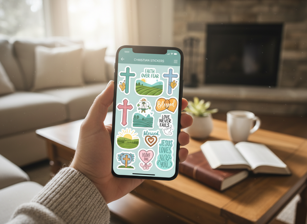A modern smartphone displaying a vibrant, user-friendly interface of a Christian stickers app. The foreground features the smartphone held by a hand, showcasing colorful and inspirational biblical stickers filled with uplifting messages and religious images such as crosses, hearts, and nature scenes. In the middle, a soft-focus background reveals a cozy living room setting with warm lighting, inviting a sense of peace and community. A wooden table with a Bible, a cup of coffee, and peaceful decorations enhances the atmosphere. The composition has a slightly elevated angle, emphasizing the smartphone screen, with soft, natural light illuminating the scene, creating a warm, spiritual mood perfect for sharing faith.