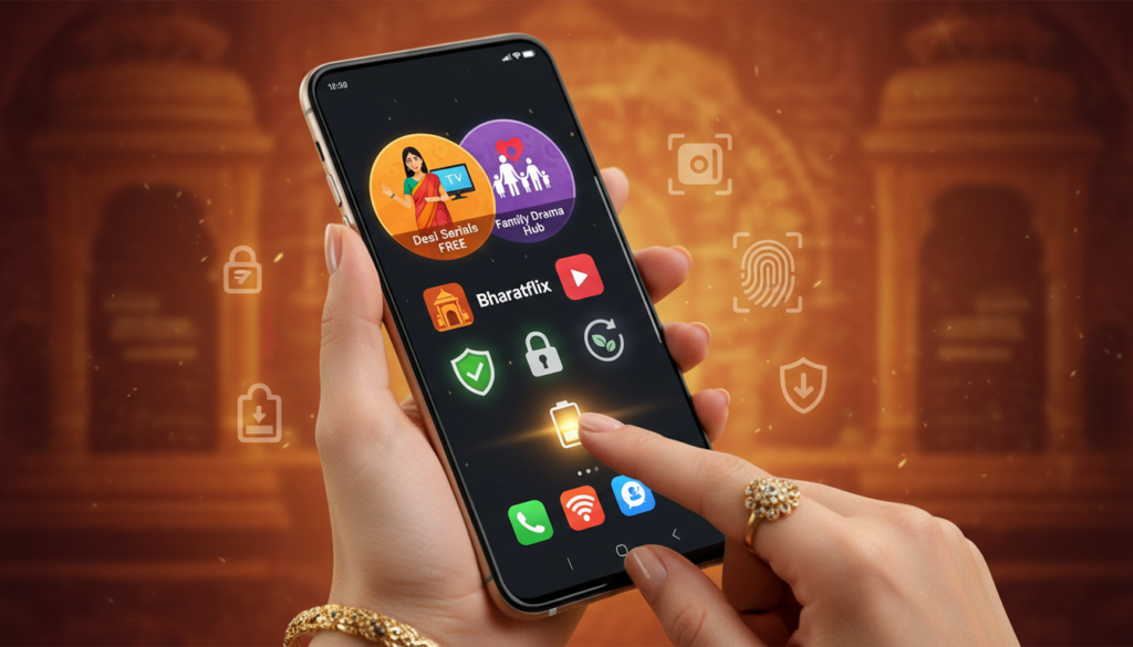 A modern smartphone displaying various app icons related to Indian soap operas, prominently featuring security and resource management symbols. In the foreground, a stylish hand holding the phone, showcasing an array of colorful app interfaces. The middle ground features subtle icons representing safety features, such as a shield and check marks. The background is a soft-focus blend of subtle Indian motifs, hinting at the cultural aspect of the content, with warm, inviting lighting that suggests a cozy viewing environment. The overall mood is vibrant and engaging, designed to evoke a sense of discovery and excitement about using free apps for watching Indian dramas.