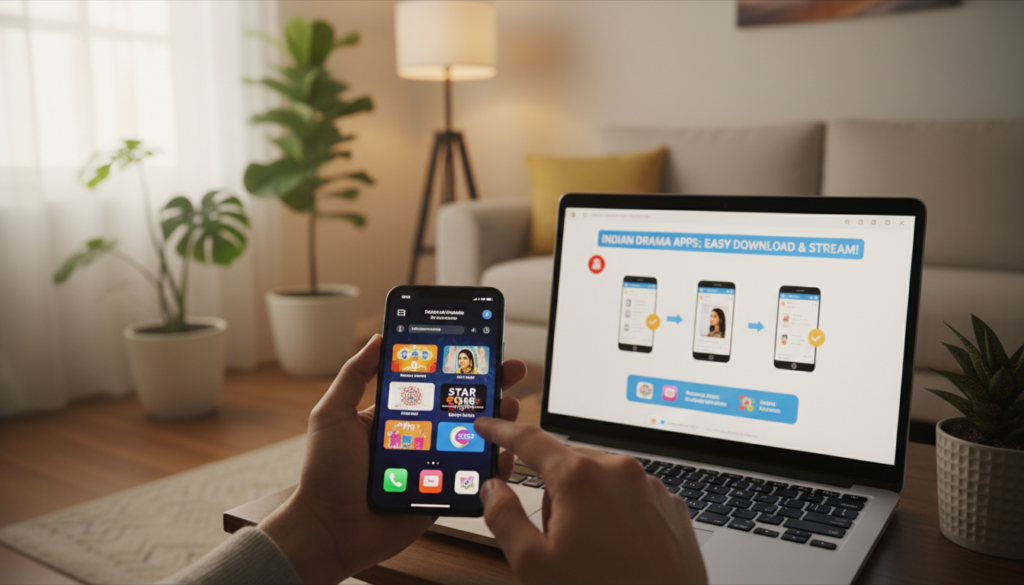 A modern smartphone displaying various app icons related to Indian soap operas sits prominently in the foreground, with a user’s hand reaching towards the screen. In the middle ground, a sleek laptop showcases a tutorial video on downloading and using apps, with colorful graphics and clear steps. The background features a cozy living room setting, with warm lighting that creates an inviting atmosphere, showcasing a comfortable sofa and decorative plants. The scene conveys a tech-savvy mood, emphasizing ease of access and user-friendliness. Soft natural light filters in from a nearby window, highlighting the devices, while a slight depth of field separates the foreground from the background for visual clarity.