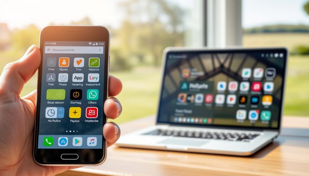 A modern smartphone displaying various measurement apps on its screen, focused in the foreground. A user’s hand is reaching out to download an app, depicted in a natural gesture. In the middle, a desktop environment with a laptop open, showcasing similar app icons and a bright, organized workspace. The background features a sunny outdoor setting, with green landscapes and a blur of trees, symbolizing outdoor measurements. The lighting is bright and inviting, creating a positive and engaging atmosphere. The angle captures a slight side view of the phone and laptop, adding depth to the composition. The image conveys a sense of technology and accessibility, illustrating the ease of measuring land with mobile apps.