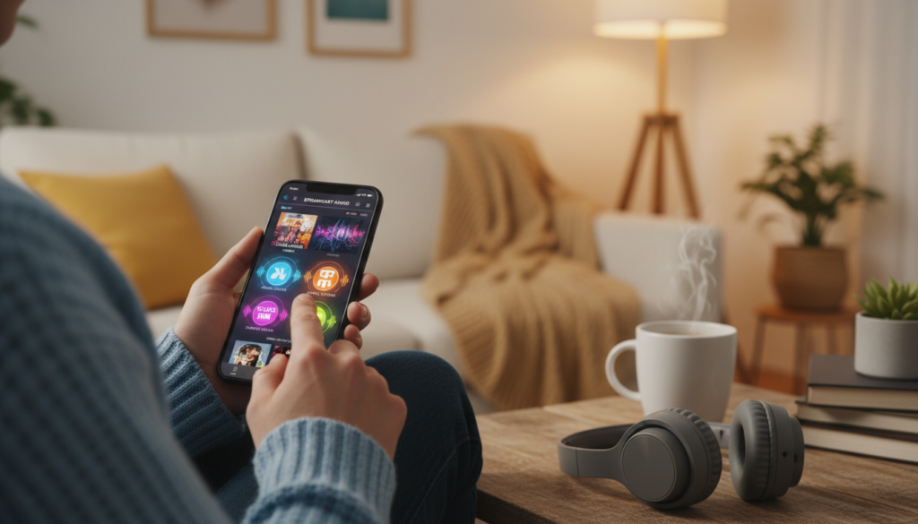 A modern smartphone showcasing a vibrant streaming radio app interface, displaying various radio stations across genres. The foreground features the phone held by a person in casual yet neat clothing, with fingers interacting with the touch screen, scrolling through options. In the middle ground, a small desk is cluttered with a cup of coffee and headphones, suggesting a relaxed listening environment. The background is softly blurred, showing a cozy living room with warm lighting, creating an inviting and relaxed atmosphere. The image should capture a sense of enjoyment and convenience of listening to AM, FM, and web radio on a smartphone, with warm tones and clear focus on the device and its vibrant app interface.