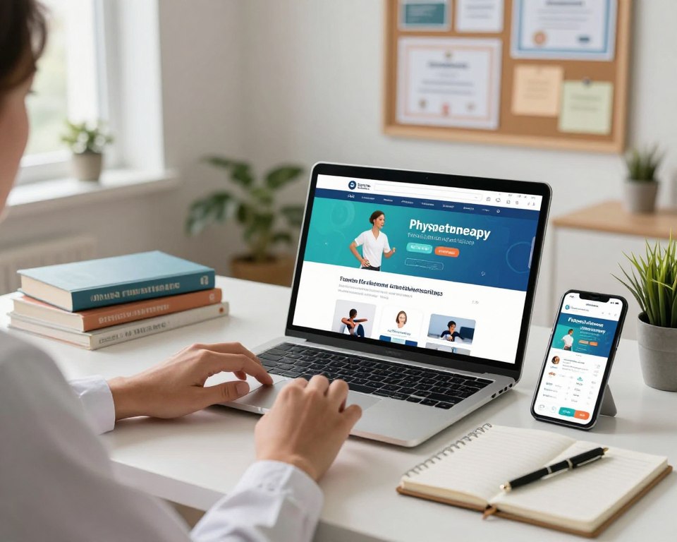 A modern workspace featuring a laptop displaying a vibrant online physiotherapy course interface, surrounded by essential mobile applications for physiotherapy education on a sleek tablet and smartphone. In the foreground, a pair of hands, wearing professional attire, interact with the devices, showcasing user engagement. The middle layer includes a well-organized desk with physiotherapy textbooks, a notebook, and a plant to add a touch of life. The background features a soft-focus view of a cozy room with a bulletin board filled with educational certificates and motivational quotes. Soft, natural lighting from a nearby window creates a warm and inviting atmosphere, emphasizing professionalism and the excitement of online learning. The composition is bright, focused, and encourages a sense of motivation and accessibility to education.