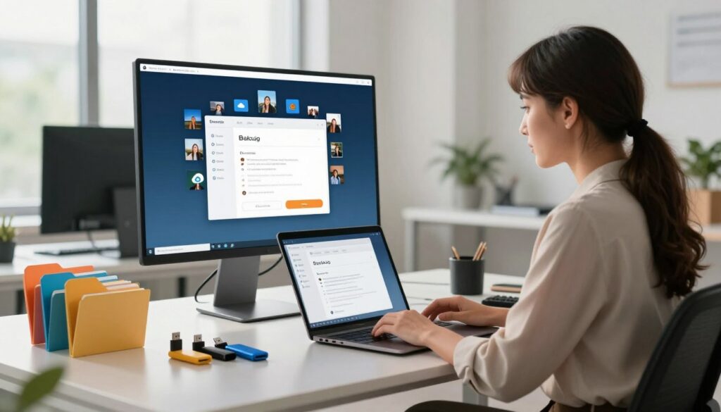 A modern workspace showcasing a professional woman configuring a photo backup. She sits at a sleek desk with a laptop open, displaying a user-friendly backup software interface. In the foreground, colorful folders and USB drives organized neatly. In the middle ground, a large digital screen displays cloud storage options with various photo icons floating above. The background features a bright, minimalist office with large windows letting in natural light, creating a warm atmosphere. The woman is dressed in smart casual attire, focused and engaged in her task. Soft, diffused lighting enhances the scene, casting gentle shadows and creating a serene work environment, emphasizing the importance of backing up cherished memories.
