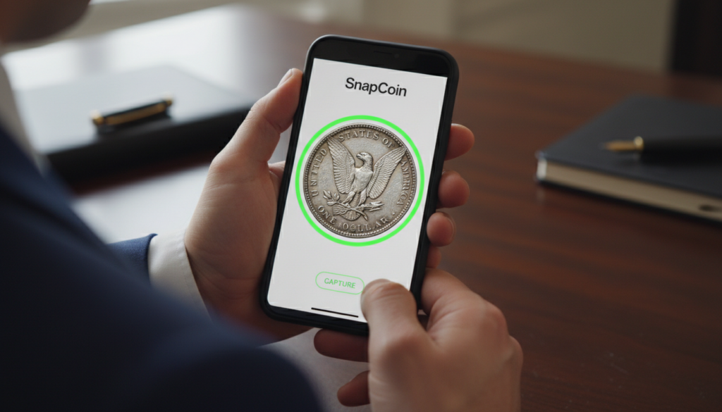 A person snapping a photo of a silver dollar with the SnapCoin app, focused on the coin's texture.