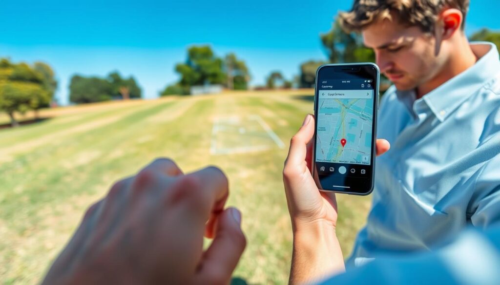 A person using a smartphone to measure distances with Google Maps in a bright outdoor setting, standing on a grassy field. In the foreground, the phone's screen displays a detailed Google Maps interface, highlighting measuring tools and a map view. The person is dressed in professional casual attire, focusing intently on the screen. In the middle ground, a clear view of the field extends, with faint outlines of property boundaries illustrated on the map. The background features trees and a blue sky, creating a lively, productive atmosphere. The lighting is natural and bright, emphasizing a sense of ease and modern technology in action. The camera angle is slightly above eye level, capturing both the phone and the surrounding environment.