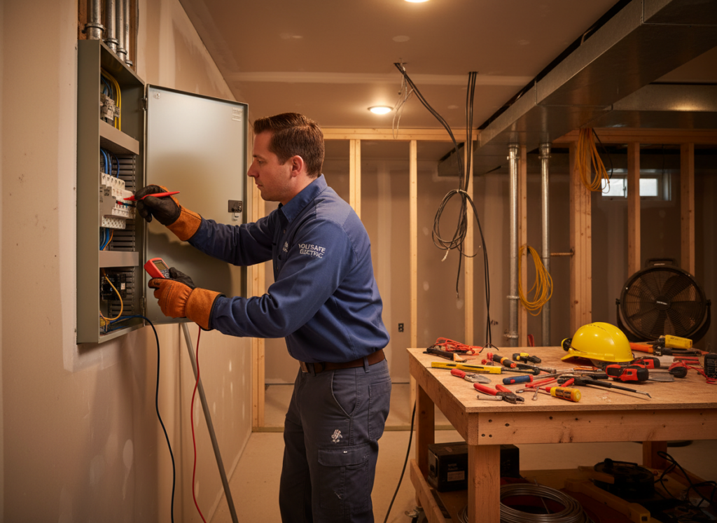 A professional electrician conducting repairs in a residential building, focusing on electrical systems. In the foreground, a skilled electrician in a professional uniform, wearing safety gloves, is inspecting a circuit panel with a multimeter. The middle ground features tools scattered on a workbench, including wire strippers, pliers, and a safety helmet. The background shows a well-lit room with exposed wiring and partially installed fixtures, emphasizing ongoing maintenance work. The atmosphere is industrious yet organized, with warm overhead lighting creating a sense of illumination and focus on the task. The composition captures a dynamic, hands-on approach to building repairs, highlighting technical expertise and attention to detail.