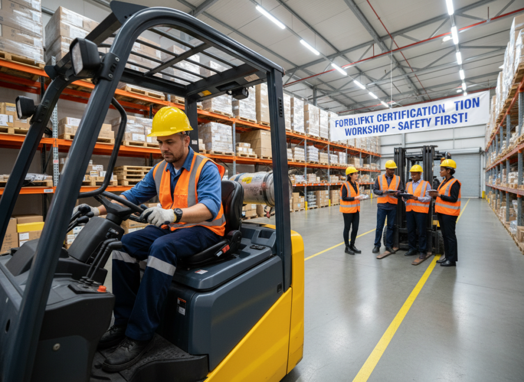 A professional forklift operator in a safety helmet and reflective vest assesses a modern forklift in a brightly lit warehouse. In the foreground, the operator is inspecting the controls, demonstrating close attention to safety protocols. The middle ground showcases a group of trainees engaged in a forklift certification workshop, with an instructor pointing out key features of the machinery. The background features rows of stacked pallets and well-organized storage systems, conveying a sense of efficiency and order. The lighting is bright and industrial, highlighting the clarity of the scene, and the camera angle captures both the operator and the training environment, evoking a mood of professionalism and dedication to safety.