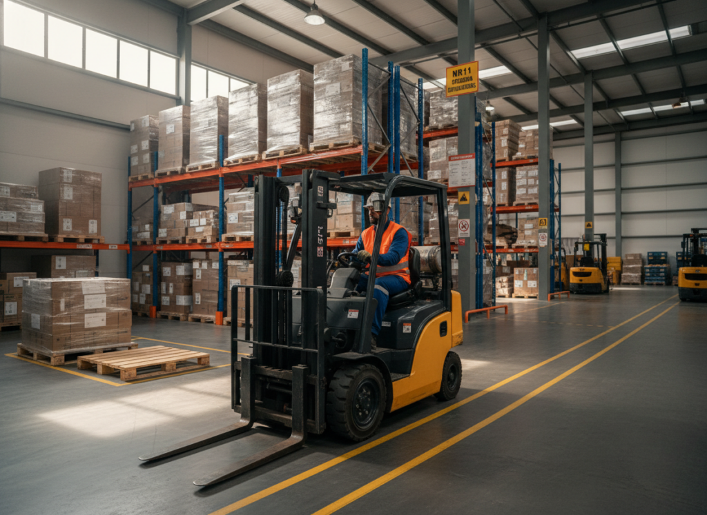 A professional forklift operator in safety gear, including a hard hat and reflective vest, skillfully maneuvering a forklift amidst a warehouse environment. The foreground features the operator, focused and determined, with hands on the controls. In the middle ground, stacks of pallets and boxes demonstrate proper organization and safety protocols, highlighting a well-maintained workplace. The background reveals a spacious warehouse with shelves filled with neatly arranged goods, showcasing an atmosphere of productivity. Natural light floods in through large windows, casting soft shadows that enhance the scene. The overall mood is professional and focused on safety, emphasizing the importance of adhering to NR11 regulations for certified forklift operation. The image should be composed with a realistic perspective, capturing the essence of the training environment.