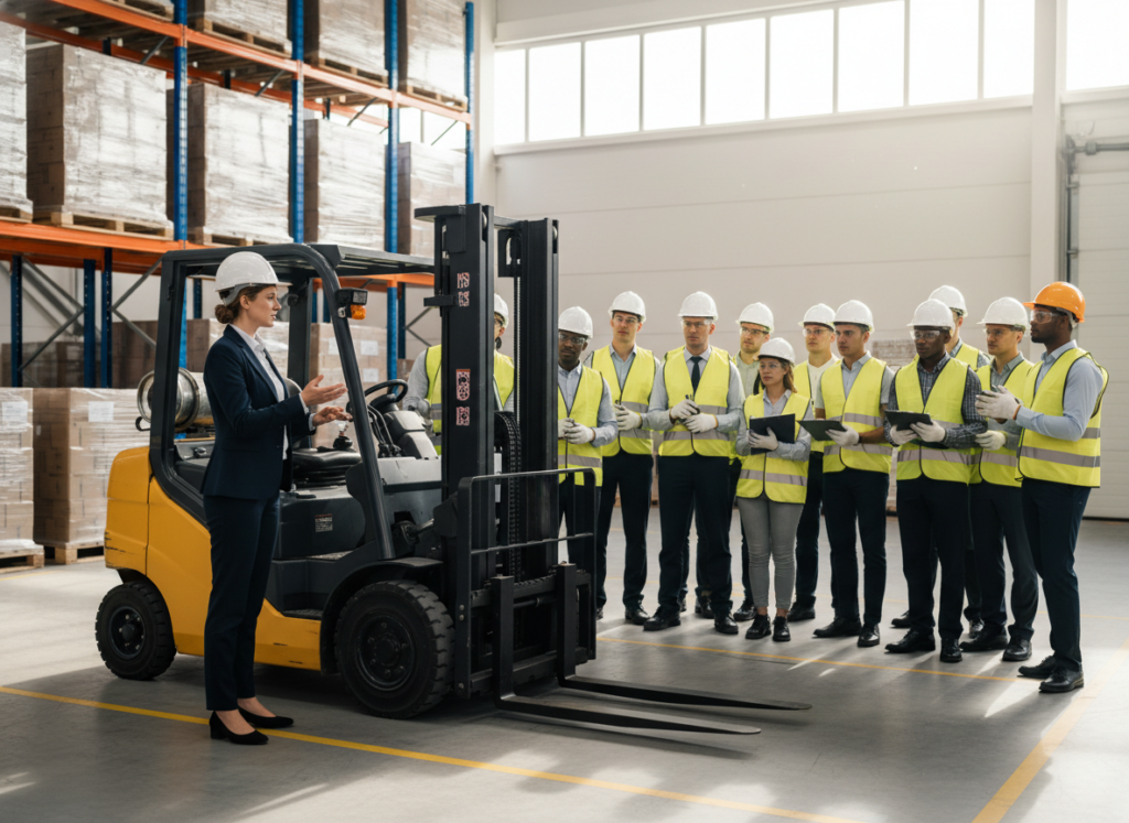 A professional forklift training course scene, showcasing a diverse group of students in a modern warehouse setting. In the foreground, a female instructor in business attire demonstrates safety protocols while standing beside a forklift. The middle layer features students of various backgrounds, wearing safety gear, attentively observing and taking notes. In the background, rows of neatly stacked pallets and bright, natural lighting filter through large windows, enhancing the focus on learning. The atmosphere should be engaging and motivational, emphasizing professionalism and safety in logistics. The scene captures the essence of forklift operation training, portraying a structured learning environment without any text or distractions.