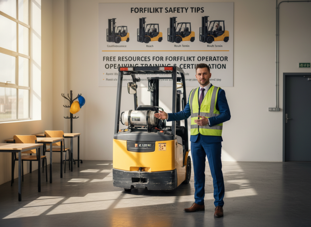 A professional instructor stands in a bright, well-lit training room, demonstrating a forklift operation. The foreground features the instructor wearing smart business attire, showing proper safety techniques. In the middle ground, a modern forklift is parked, with a detailed view of its controls visible, emphasizing the training aspect. The backdrop includes a poster on the wall, illustrating various forklift models and safety tips, creating an educational atmosphere. Soft natural light filters through large windows, casting gentle shadows and enhancing the welcoming mood. The overall composition conveys a sense of professionalism and readiness to learn about free resources for forklift operator training and certification.