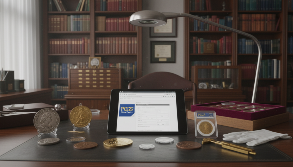 A professional numismatic environment with a tablet displaying the PCGS Coin Facts database and rare coins on a desk.