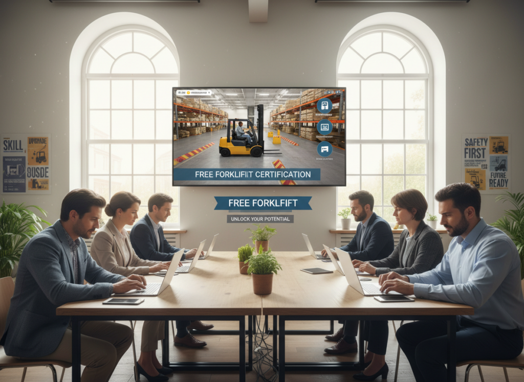 A professional setting depicting an online learning environment focused on forklift operator training. In the foreground, a diverse group of adults, dressed in business casual attire, are engaged in a virtual classroom on laptops or tablets. In the middle, a large screen displays a realistic forklift simulator interface, with icons and educational materials. The background features a bright, well-lit room with motivational posters related to skill development and safety, emphasizing the theme of free courses for skill enhancement. Natural light filters through large windows, creating an inviting and inspiring atmosphere. The composition captures a sense of motivation and collaboration, emphasizing the importance of gaining knowledge and certification.