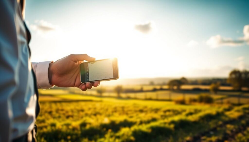 A professional surveyor measuring land with a smartphone in hand, wearing business attire, stands in the foreground. The smartphone screen displays a measurement app with clear graphics. In the middle ground, a detailed landscape showcases a diverse terrain featuring fields, trees, and a distant fence. The background highlights a bright sky with soft, fluffy clouds, indicating a sunny day, enhancing the optimistic mood. Golden hour lighting casts a warm glow on the entire scene, emphasizing the advanced technology used for measuring land accurately. The atmosphere conveys professionalism, expertise, and the application of modern tools in surveying, embodying best practices in land measurement.