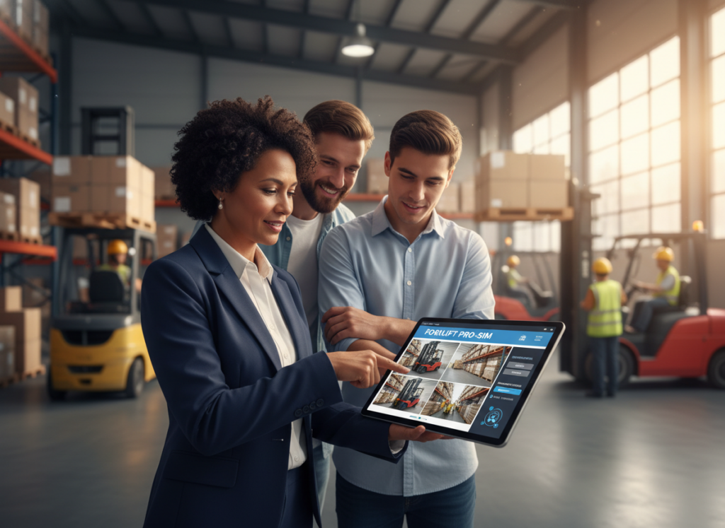 A realistic digital illustration showcasing a user interface of forklift simulation apps on a modern smartphone or tablet. In the foreground, focus on the device held by a diverse group of people, including a middle-aged woman and a young man, both dressed in professional work attire. The middle layer should feature various screenshots of forklift simulation applications, displaying engaging graphics and user-friendly designs. The background should depict a warehouse environment with forklifts in action, emphasizing a bustling atmosphere. Utilize natural lighting to create a bright and inviting scene, capturing the essence of digital training tools. The overall mood should convey enthusiasm and professionalism, highlighting the importance of modern training methods for forklift operators.