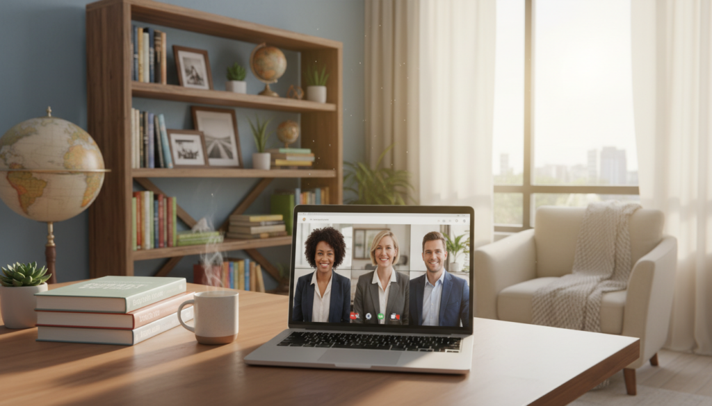 A serene and inviting online learning environment featuring a well-organized desk with a laptop displaying an English learning platform. In the foreground, a diverse group of three individuals—two women and one man—in professional business attire, engaged in a virtual classroom setting on the laptop screen. The middle ground shows a cozy living space with a bookshelf filled with English language books and a globe, symbolizing global learning. The background reveals a softly lit room with a window allowing natural light to filter in, creating a warm and encouraging atmosphere. Use soft, diffused lighting to enhance a sense of calm and focus. Aim for a slightly elevated angle to capture the scene as if the viewer is part of the learning experience.