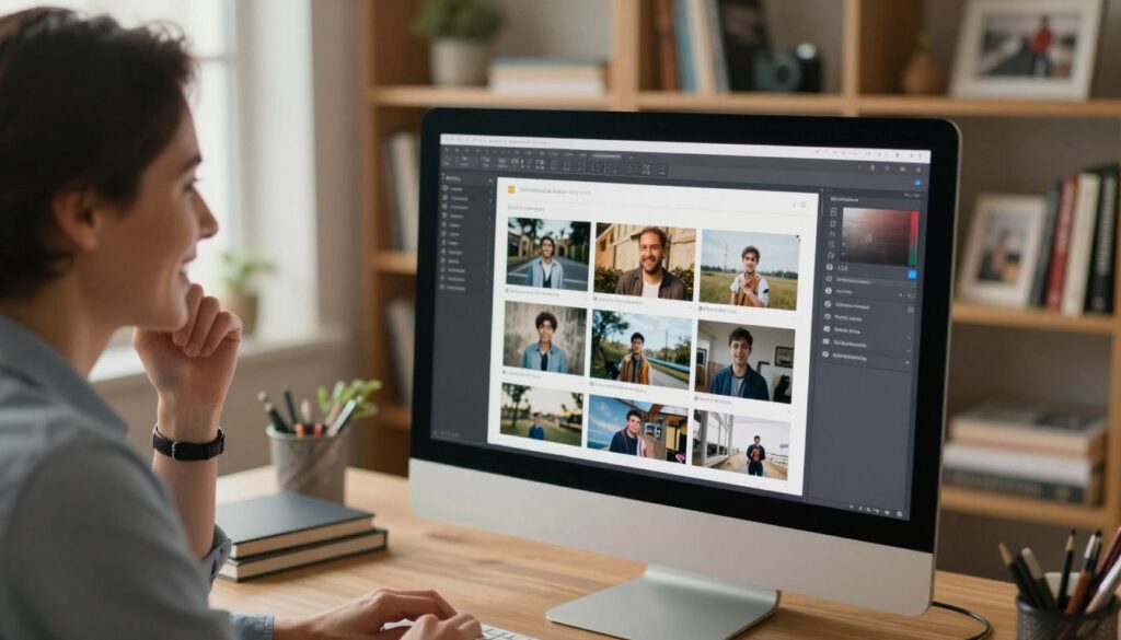 A serene and organized workspace featuring a computer screen displaying a software interface for photo recovery, where a joyful person in professional attire is intently examining digital images. In the foreground, the person is positioned to the left, with a thoughtful expression, while the middle ground showcases the glowing computer screen filled with thumbnail previews of faded photographs. The background consists of soft-focus bookshelves filled with photography books and personal mementos, bathed in warm, natural light from a nearby window, creating an inviting atmosphere. The scene conveys a sense of hope and discovery, with a subtle invitation to explore the digital space for recovering lost memories. The image composition is balanced, using a slightly elevated angle to enhance depth.