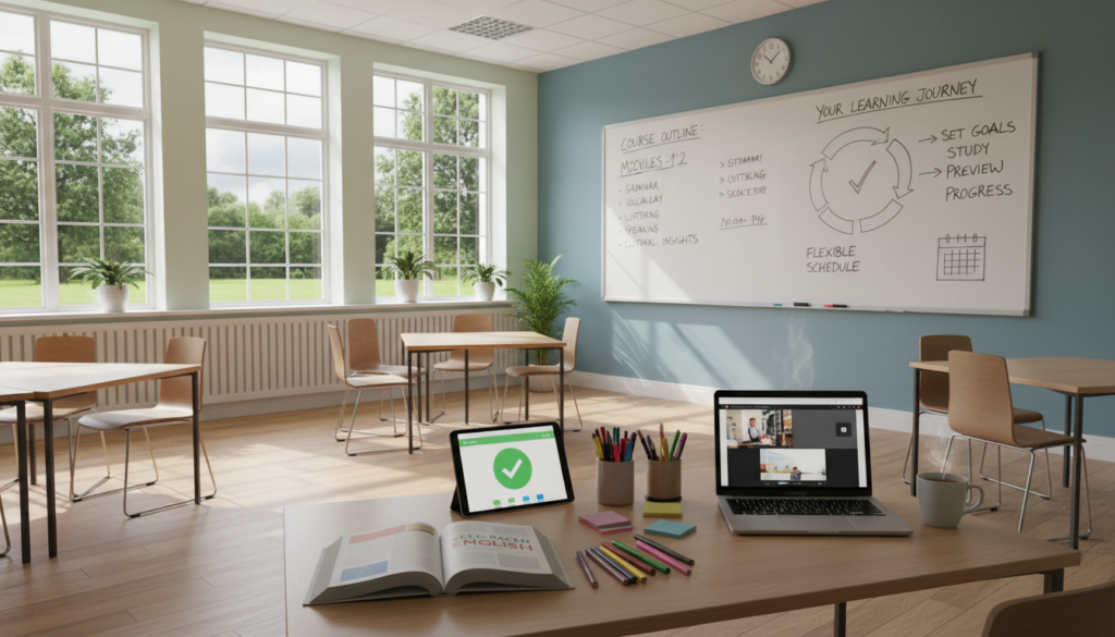 A serene educational setting featuring a modern classroom. In the foreground, a stylish wooden desk is neatly arranged with open textbooks, digital devices, and colorful stationery, symbolizing a structured learning environment. The middle ground showcases a whiteboard filled with neatly organized lesson plans and diagrams, highlighting the program's content and class structure. In the background, large windows allow natural light to flood the room, creating a warm and inviting atmosphere. Soft shadows play across the floor, enhancing the focus on the learning materials. The overall mood is one of motivation and clarity, suitable for a course on learning English at one's own pace, with no human figures present.