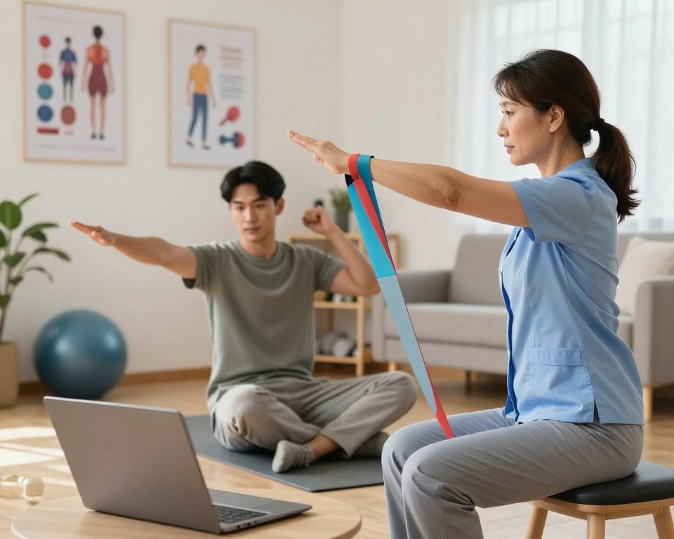 A serene online physiotherapy session, focusing on a professional physiotherapist and a patient engaging through a laptop. In the foreground, the physiotherapist, a middle-aged woman, wears professional business attire, demonstrating an exercise with a resistance band. The patient, a young man in casual but modest clothing, mirrors the exercise, showing engagement and concentration. In the middle background, a well-lit home office setting features health-related posters and equipment like an exercise mat and dumbbells, conveying a sense of professional wellness. The soft, natural lighting creates a warm and inviting atmosphere, suggesting comfort and accessibility in online therapy sessions. Capture the image from a slightly angled perspective to give depth and emphasize the interaction between the therapist and patient.