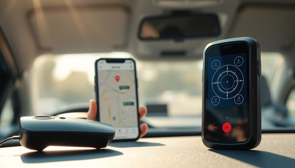A sleek, modern radar detector sits prominently in the foreground, its shiny surface reflecting soft ambient light. In the middle ground, a smartphone displays a user-friendly app interface, featuring a clear map with radar icons highlighted, emphasizing ease of use. The background shows a softly blurred dashboard of a car, hinting at a safe driving environment. Natural light streams through the car windows, creating an inviting atmosphere that suggests a sense of security on the road. The overall mood is informative and professional, conveying trustworthiness and convenience, ideal for showcasing an app designed to help drivers locate radar traps effectively. The image should be sharp, with a focus on the devices, accentuating their importance in enhancing road safety.