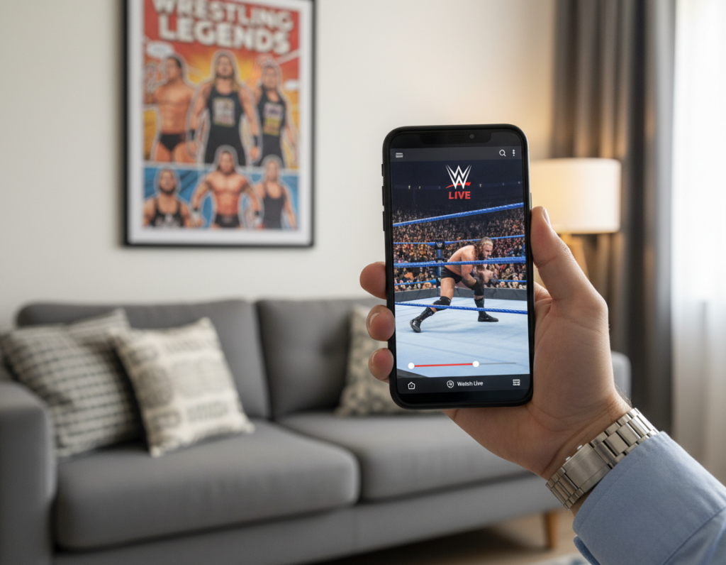 A sleek smartphone displaying the WWE mobile app interface, featuring vibrant graphics of live wrestling matches. In the foreground, the phone is held by a hand clad in a casual but professional outfit, emphasizing its user-friendly design. The middle ground showcases a soft-focus living room setting, with a couch and a colorful wrestling-themed poster on the wall. In the background, there is a softly lit room, creating a warm and inviting atmosphere. The lighting should be bright but not harsh, suggesting excitement and energy typical of a wrestling event. The angle highlights the phone's screen, making it the focal point while evoking a sense of anticipation for watching epic matches live on-the-go.