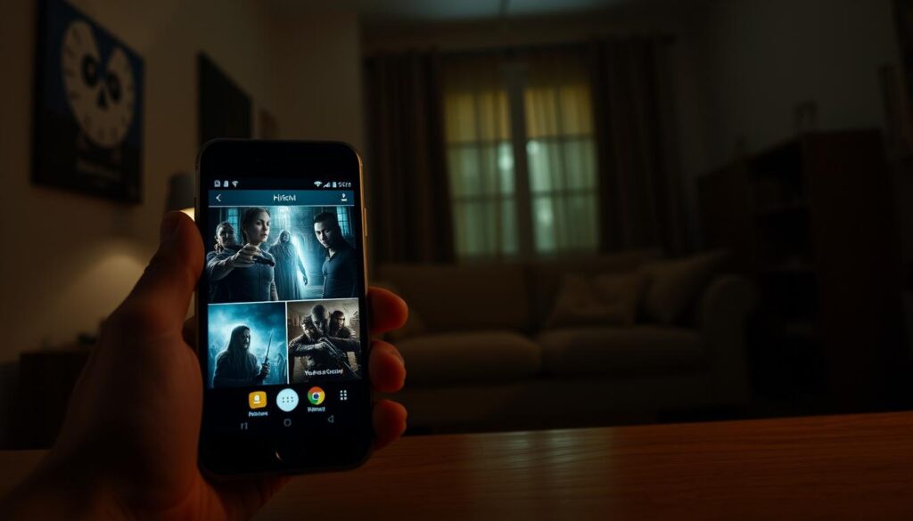 A smartphone displayed prominently in the foreground, its screen glowing with images of horror movie app interfaces featuring chilling visuals, like ghostly figures and dark, atmospheric settings. In the middle, a cozy living room setting with a comfortable sofa and dim lighting, emphasizing a relaxed movie-watching environment. The background features a shadowy hallway or an eerie window, enhancing the unsettling ambiance. Soft, ambient lighting creates a suspenseful mood while maintaining clarity on the phone’s screen. The setting invites viewers to imagine an immersive horror film experience, capturing the excitement and thrill of watching scary movies on a mobile device. A smartphone displayed prominently in the foreground, its screen glowing with images of horror movie app interfaces featuring chilling visuals, like ghostly figures and dark, atmospheric settings. In the middle, a cozy living room setting with a comfortable sofa and dim lighting, emphasizing a relaxed movie-watching environment. The background features a shadowy hallway or an eerie window, enhancing the unsettling ambiance. Soft, ambient lighting creates a suspenseful mood while maintaining clarity on the phone’s screen. The setting invites viewers to imagine an immersive horror film experience, capturing the excitement and thrill of watching scary movies on a mobile device.