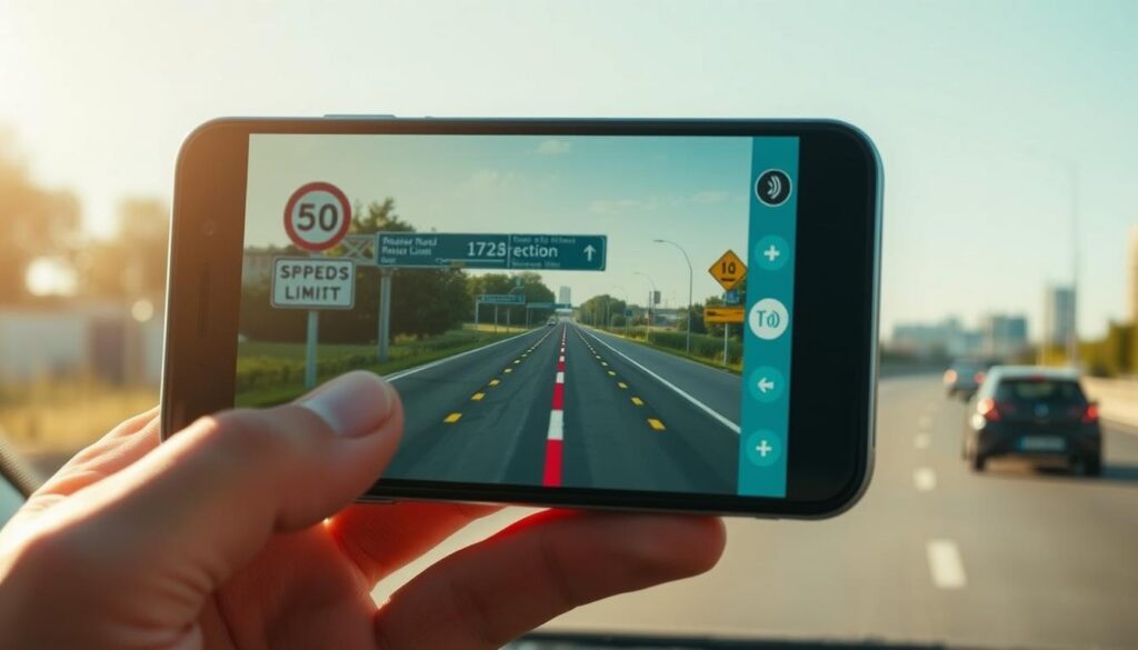 A smartphone displaying a radar detection app interface, depicted in the foreground, with vibrant colors and intuitive buttons. The middle layer features a cityscape with clear road signs for speed limits and radar symbols, suggesting an urban environment. In the background, a blurred view of a car driving smoothly along a roadway, with visible trees and buildings. The scene is illuminated with warm, natural sunlight, creating an inviting and user-friendly atmosphere. The angle captures a close-up of the phone in the user’s hand, emphasizing the app's functionality, while maintaining a professional look. The overall mood conveys efficiency and modern technology in navigation and safety.