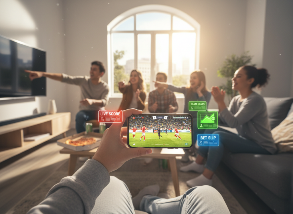 A smartphone displaying a vibrant screen of a live football match, with colorful graphics from sports apps surrounding it. In the foreground, the phone is held in a person's hand wearing a casual, modest outfit, emphasizing engagement with the game. The middle ground features a cozy living space with friends gathered around, watching the game excitedly, adding to the atmosphere of camaraderie. In the background, a large window allows natural sunlight to stream in, creating a warm and inviting ambiance. The scene should convey a sense of excitement and convenience, highlighting how easily one can enjoy live football matches through various applications. Soft, bright lighting to enhance the mood.