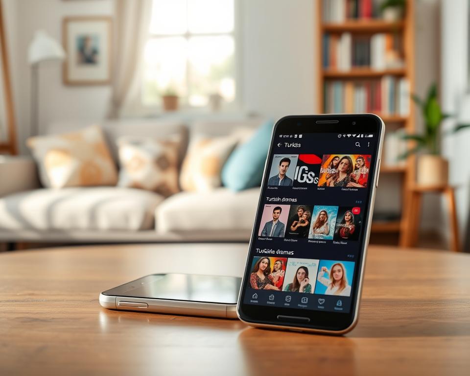 A smartphone displaying an application interface dedicated to Turkish dramas, set on a stylish wooden table. The foreground features the phone clearly in focus, showcasing vibrant thumbnails of popular Turkish TV series. The middle layer includes a cozy, well-lit living room with a soft couch and decorative pillows, creating a welcoming environment. In the background, there's a bookshelf filled with books and a small indoor plant, adding warmth to the scene. The lighting is natural and soft, creating an inviting atmosphere. A slight tilt angle captures the phone's screen and the cozy living space, emphasizing the ease and comfort of watching Turkish dramas on a mobile device.