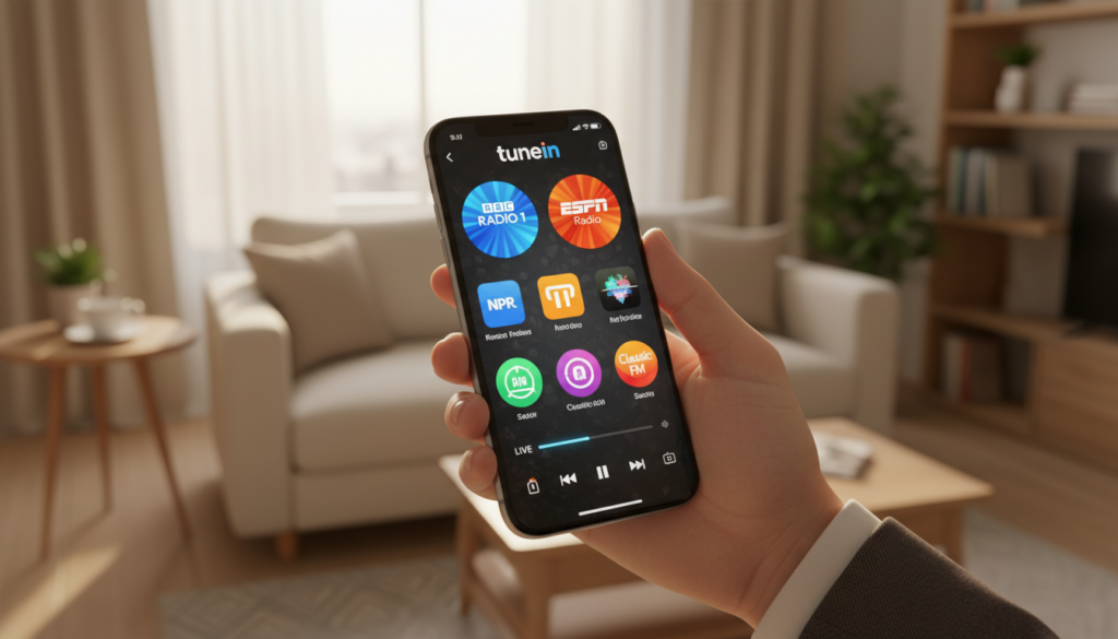 A smartphone displaying the TuneIn app interface, showcasing live radio streaming features. The foreground features a close-up of the phone held in a person's hand, wearing professional attire, with well-manicured fingers. The middle layer includes a vibrant app interface, highlighting various radio station logos and streaming options, all rendered in vibrant colors. In the background, a cozy living room scene with soft, warm lighting enhances the atmosphere, creating a comfortable space for listening to music or talk shows. The angle is slightly tilted to provide a dynamic perspective, capturing the essence of enjoying music and radio content on-the-go. The overall mood is inviting and modern, emphasizing convenience and accessibility in audio streaming.