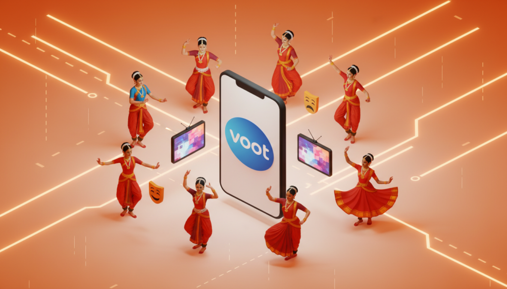 A vibrant 3D isometric illustration of a smartphone screen showing the Voot app logo, surrounded by floating icons of colorful Indian dancers, drama masks, and television screens, high resolution, cinematic lighting, bright orange and white theme.