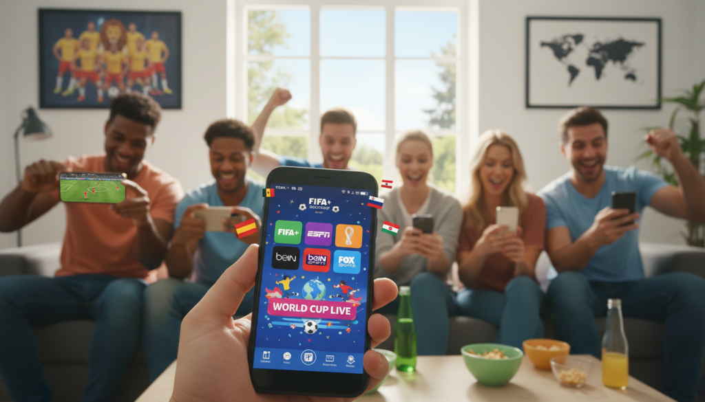 A vibrant and engaging scene depicting various mobile apps for watching the World Cup on a smartphone. In the foreground, a modern smartphone displays a colorful interface of popular sports streaming apps, surrounded by playful soccer-themed icons and graphics. In the middle ground, a group of diverse individuals, dressed in casual clothing, are excitedly watching a game on their phones, their faces expressing joy and anticipation. The background features a lively living room setting with posters of soccer teams and a large window showing a sunny day outside, creating a cheerful atmosphere. Soft natural lighting illuminates the scene, enhancing the sense of community and festive spirit associated with the World Cup. The image should capture the excitement of accessing World Cup matches on mobile devices.