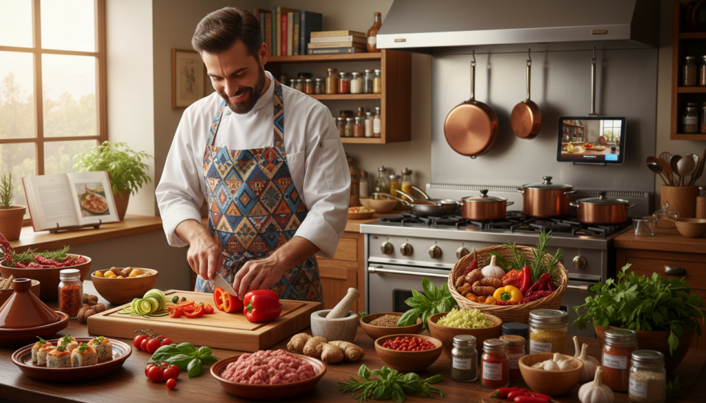 A vibrant and inviting kitchen setting, showcasing a beautifully arranged table filled with diverse culinary ingredients representing various cuisines. In the foreground, a cheerful, professional-looking individual—wearing a crisp white chef’s coat and a colorful apron—prepares a dish with focused intent. In the middle, an array of fresh vegetables, herbs, and spices are artistically displayed, capturing the essence of gastronomy. The background features a well-organized cooking station with pots, pans, and a cookbook, subtly hinting at online culinary lessons. Soft, warm lighting floods the scene, creating a welcoming atmosphere that inspires creativity and learning. The angle captures both the chef’s concentration and the inviting setup, evoking a sense of passion for cooking and culinary education.