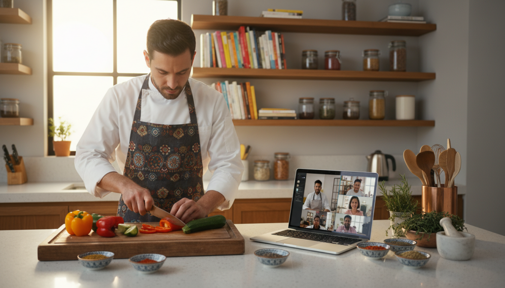 A vibrant and inviting online cooking class scene, with a professional chef demonstrating culinary techniques in a modern kitchen setting. In the foreground, the chef, dressed in a crisp white chef's coat and a colorful apron, skillfully dices fresh vegetables on a wooden cutting board. In the middle ground, a laptop displaying a virtual cooking lesson is open on the counter, surrounded by various ingredients like herbs, spices, and kitchen tools. The background showcases shelves filled with cookbooks and jars of spices, bathed in warm, natural light, creating an atmosphere of creativity and professionalism. The shot is taken from a slightly elevated angle to capture the chef's expressive focus and the organized kitchen space, highlighting the interactive nature of online gastronomy education.
