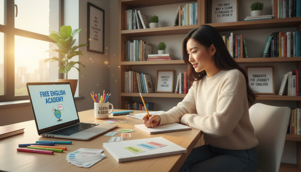 A vibrant and inviting online learning environment, featuring a modern workspace setup. In the foreground, a laptop is open with an English learning website displayed, surrounded by colorful stationery and language flashcards. In the middle ground, a focused learner, a young woman wearing smart casual clothing, is engaged in an online lesson, taking notes with a pencil. The background showcases a cozy bookshelf filled with English books and inspirational quotes. Soft, natural light filters in through a nearby window, creating a warm and motivational atmosphere. The scene conveys a sense of dedication and enthusiasm for mastering English online, perfect for highlighting free online platforms for language learning.