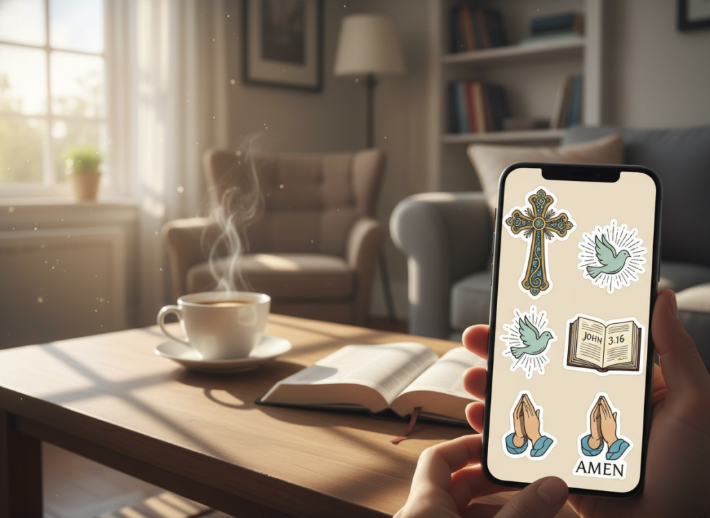 A vibrant and inviting scene illustrating a collection of Christian-themed WhatsApp stickers showcased on a smartphone screen. In the foreground, the phone displays colorful and artistic stickers featuring symbols of faith such as crosses, doves, and Biblical verses, artistically arranged. The middle background includes a cozy coffee table setting with a warm cup of coffee and an open Bible, symbolizing a moment of reflection and connection. The soft, ambient lighting creates a peaceful, uplifting atmosphere, enhancing the theme of faith and communication. Natural light filters in from a nearby window, casting gentle shadows, with a blurred cozy living room background to emphasize the foreground elements. The overall mood is serene and inspirational, perfect for sharing messages of faith.