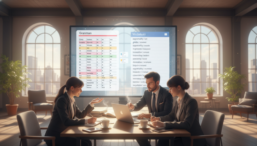 A vibrant and inviting scene illustrating the benefits of learning English. In the foreground, a diverse group of three individuals—two adults and a young person—are engaged in a lively discussion, dressed in professional business attire. They are surrounded by books, laptops, and coffee cups, symbolizing a productive online learning environment. In the middle ground, a large screen displays educational visuals related to English language learning, such as grammar charts and vocabulary lists. In the background, a bright and airy room with large windows lets in soft, natural light, creating a warm and inspiring atmosphere. The overall feel is one of motivation, collaboration, and empowerment, reflecting the journey of mastering English to open new opportunities.