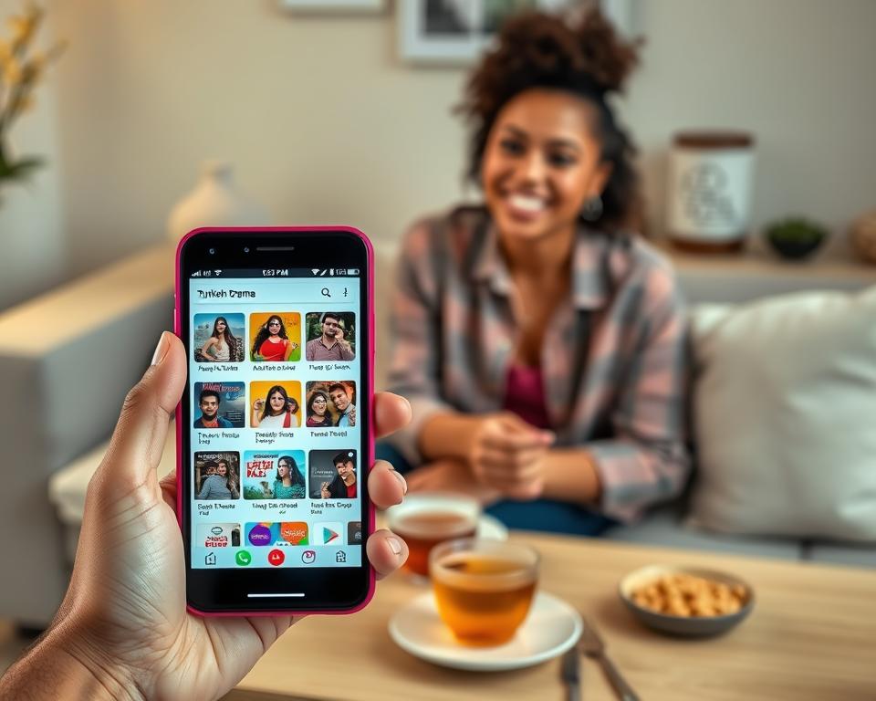 A vibrant and modern smartphone displaying a selection of popular Turkish drama apps on its screen, set against a cozy living room backdrop. In the foreground, the smartphone is held by a diverse person (a young adult in professional casual attire), smiling as they explore the apps. The middle ground features a stylish coffee table adorned with a cup of Turkish tea and snacks, enhancing the inviting atmosphere. Soft, warm lighting illuminates the scene, creating a relaxed ambiance perfect for watching shows. The background includes a comfortable sofa and decorative elements that reflect a contemporary lifestyle. The image conveys a sense of enjoyment and leisure, emphasizing the accessibility of Turkish dramas on mobile devices.