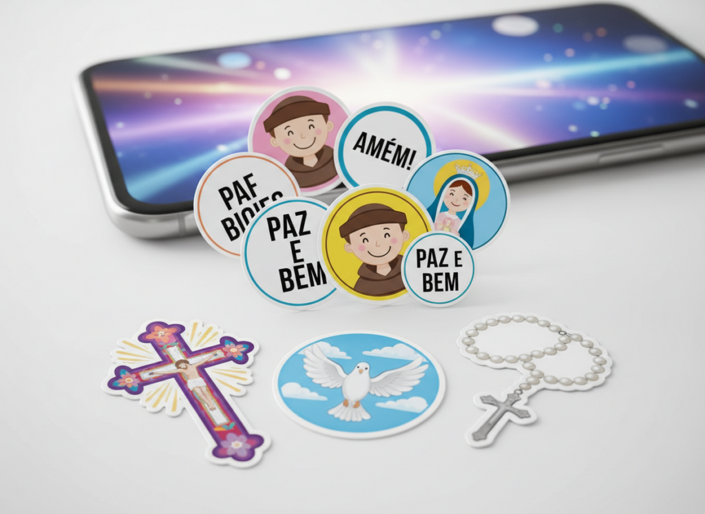 A vibrant collection of religious stickers, or "figurinhas religiosas," featuring various Christian symbols and icons. In the foreground, a selection of colorful stickers showcasing a cross, a dove, and a rosary, arranged artistically on a clean white background. In the middle, additional stickers display popular Christian phrases and images of saints, with bright colors and appealing designs that convey a sense of positivity and faith. The background is softly blurred, suggesting a phone screen where these stickers might be shared. The lighting is bright and cheerful, enhancing the colors and details of the stickers. The overall mood is uplifting and reflective, inviting viewers to explore the joy of sharing faith through digital means.